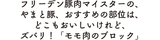 フリーデン豚肉マイスターの、やまと豚、おすすめの部位は、どこもおいしいけれど、ズバリ！「モモ肉のブロック」